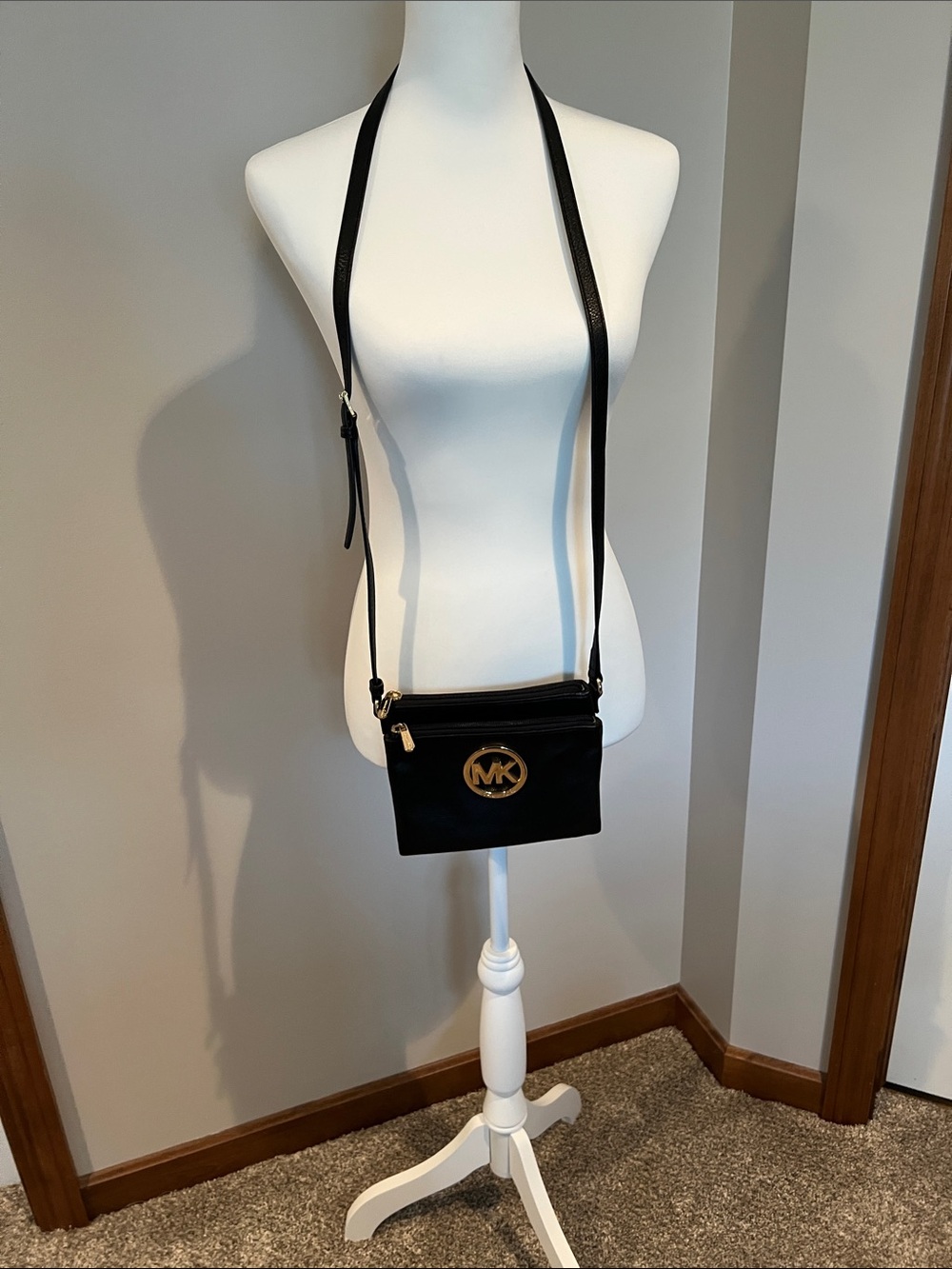 Michael Kors Black Leather Crossbody with Gold MK Logo